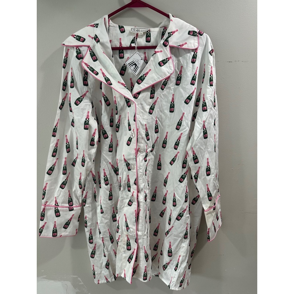 Toss Designs Champagne Bottle Print Cotton Nightshirt White Pink L/XL NWT